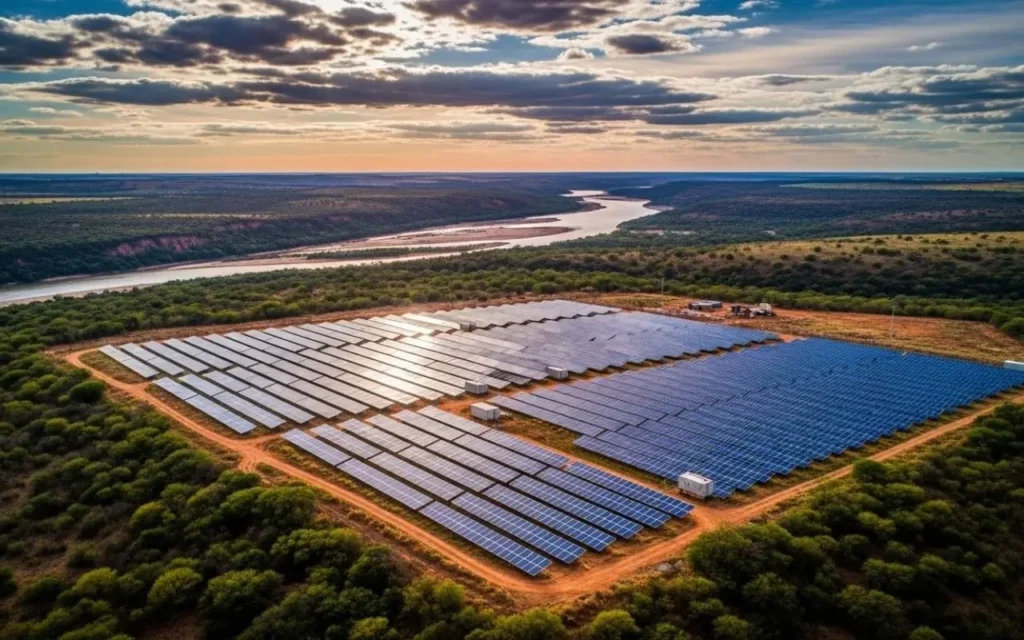 Vista aérea de fazenda solar no Vale do Rio São Francisco, em Petrolina, cercada por vegetação semiárida